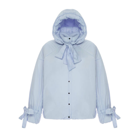 Down jacket in blue with detachable bows and removable hood