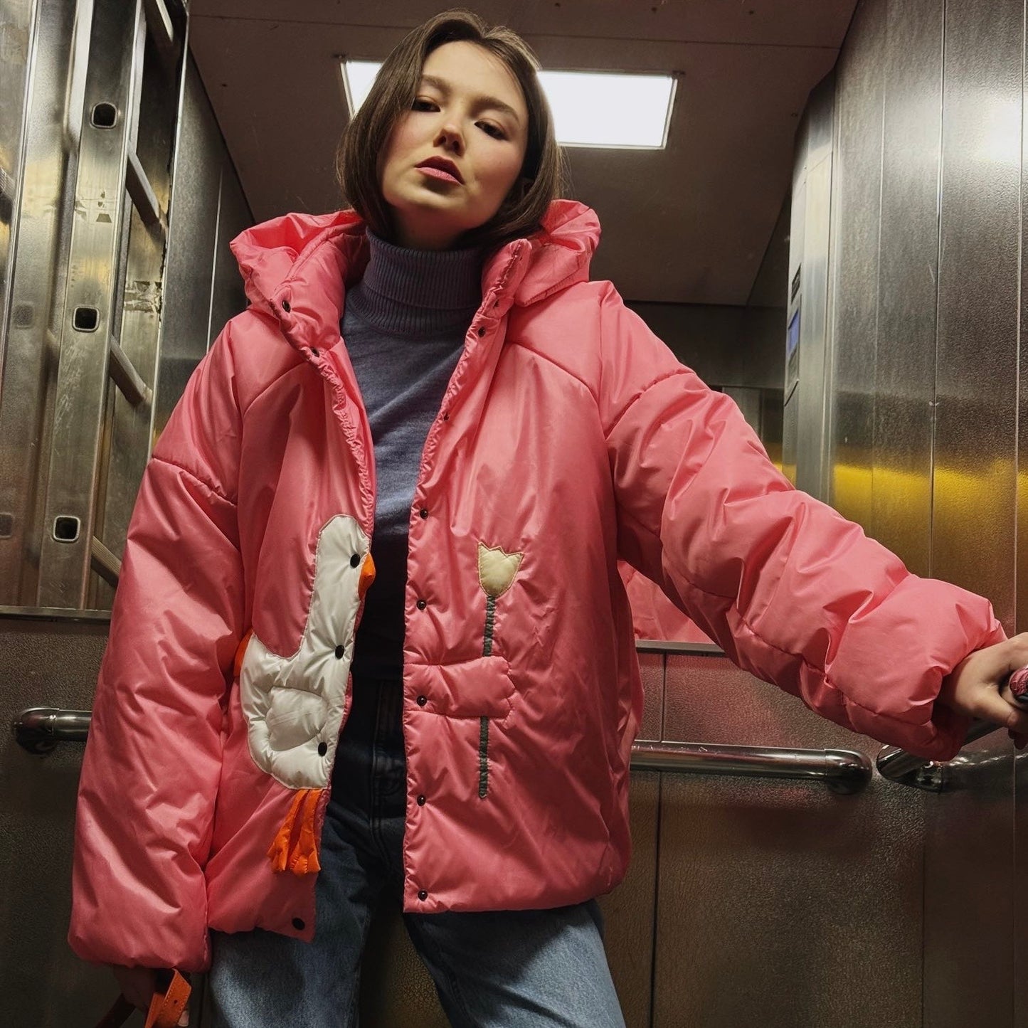 Down jacket  "Little duck" in pink with detachable bows and removable hood