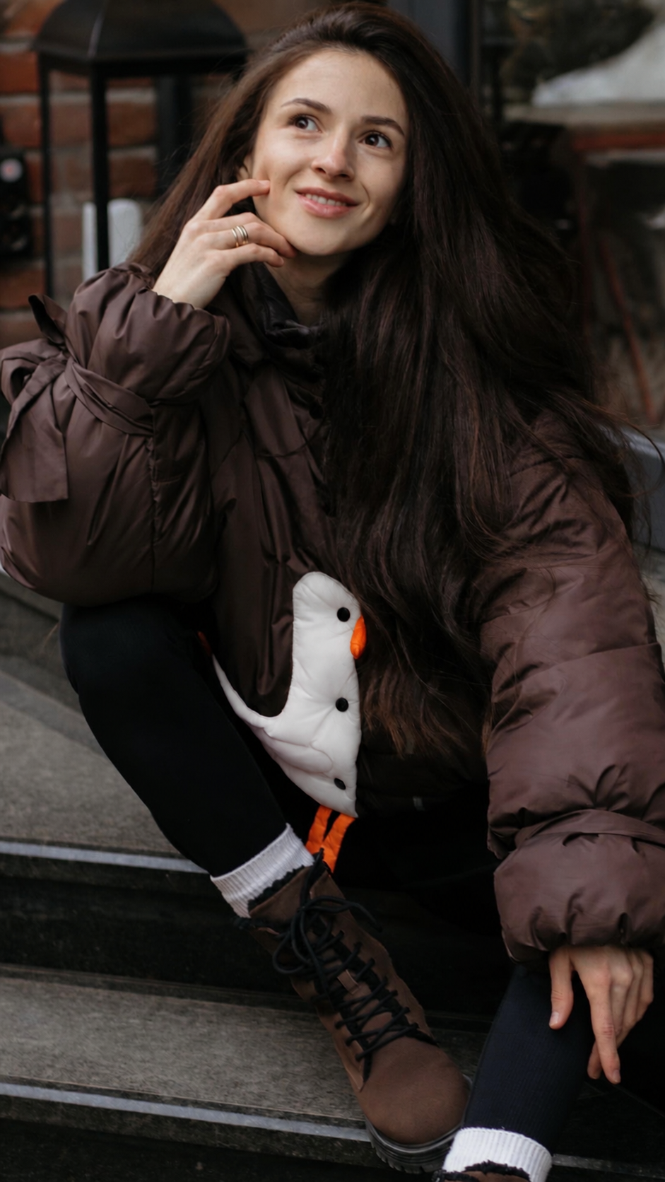 Down jacket  "Little duck" in chocolate with detachable bows and removable hood