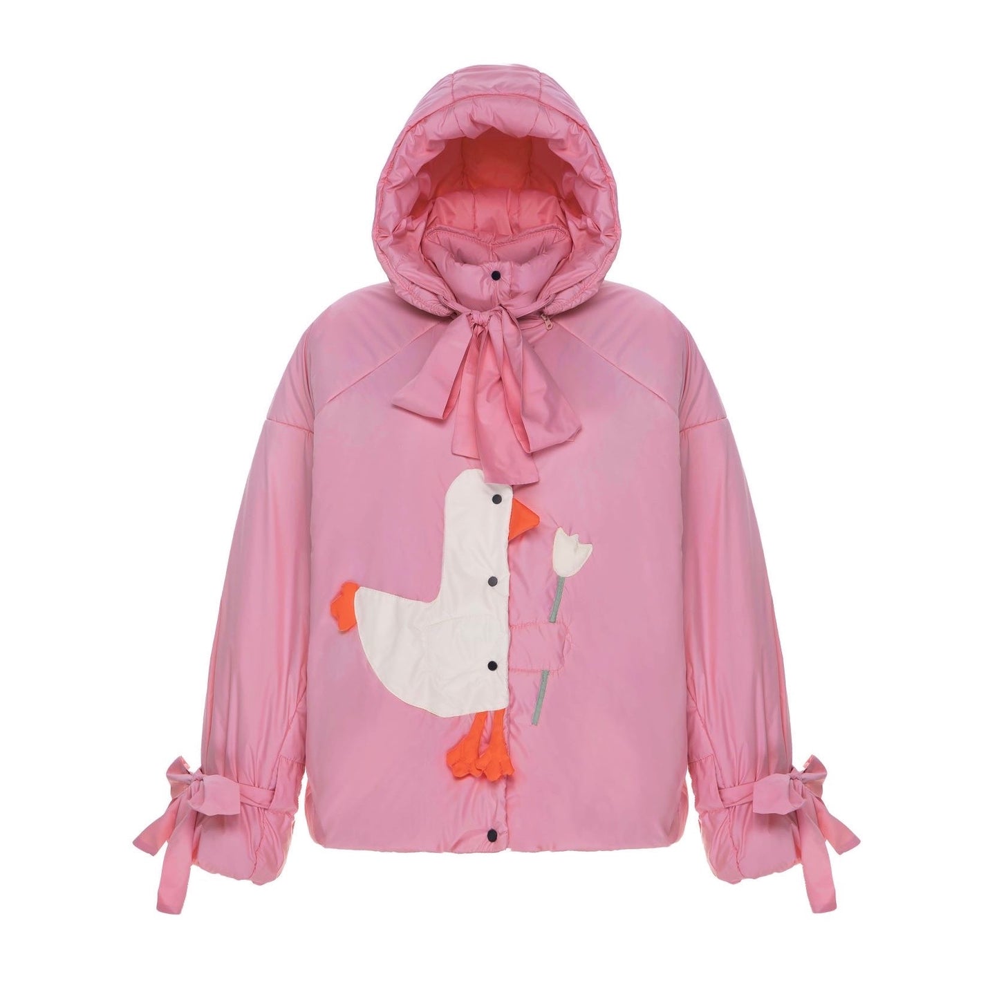 Down jacket  "Little duck" in pink with detachable bows and removable hood
