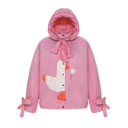 Down jacket  "Little duck" in pink with detachable bows and removable hood