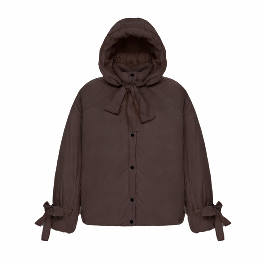 Down jacket in black with detachable chocolate and removable hood