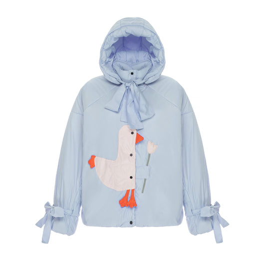 Down jacket  "Little duck" in blue with detachable bows and removable hood