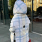 Light blue check Down vest with detachable hood