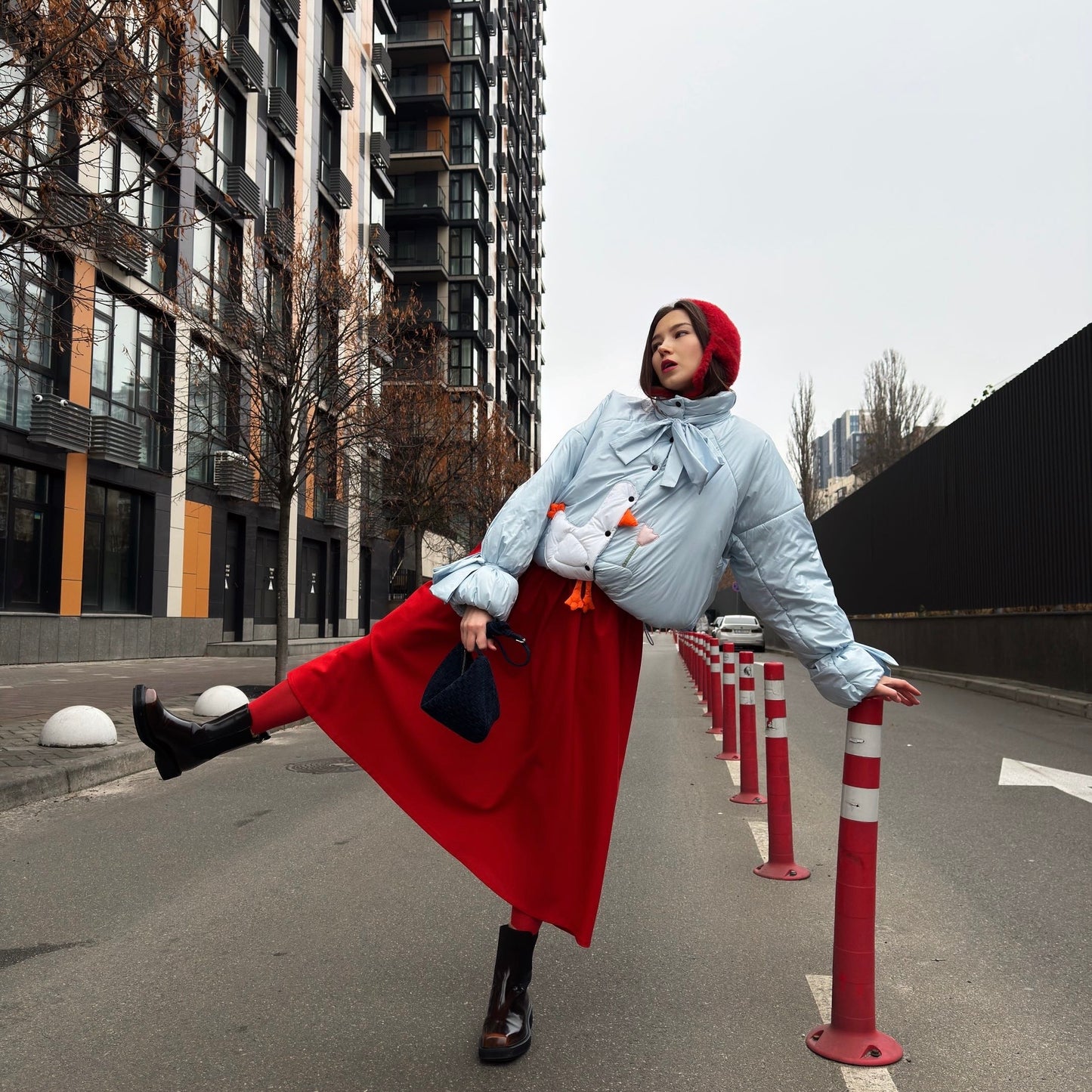 Down jacket  "Little duck" in blue with detachable bows and removable hood