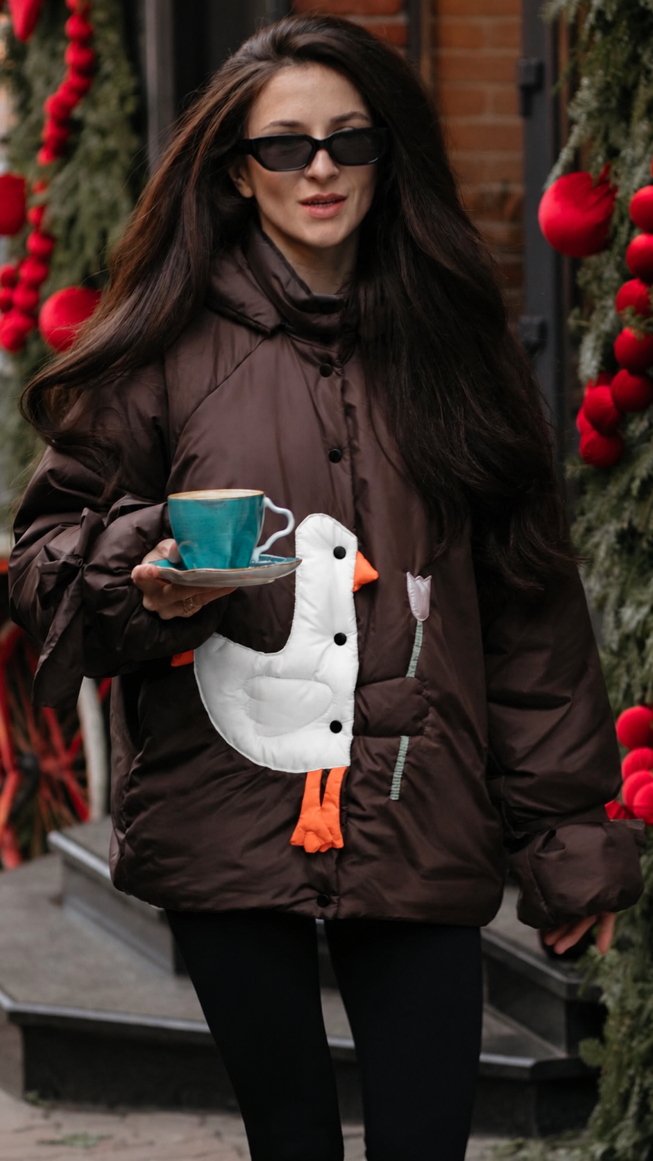 Down jacket  "Little duck" in chocolate with detachable bows and removable hood
