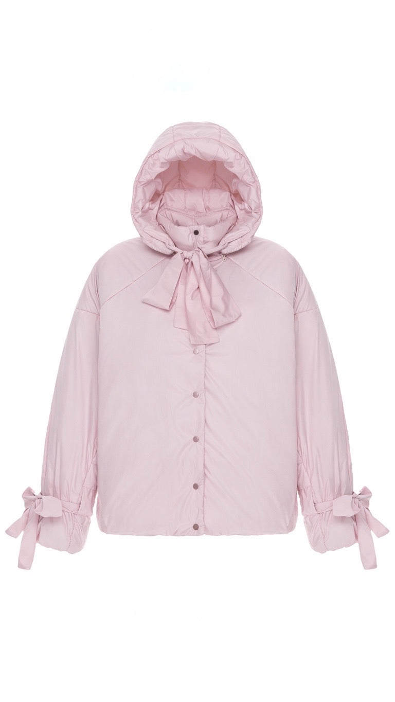 Down jacket in power with detachable powder and removable hood