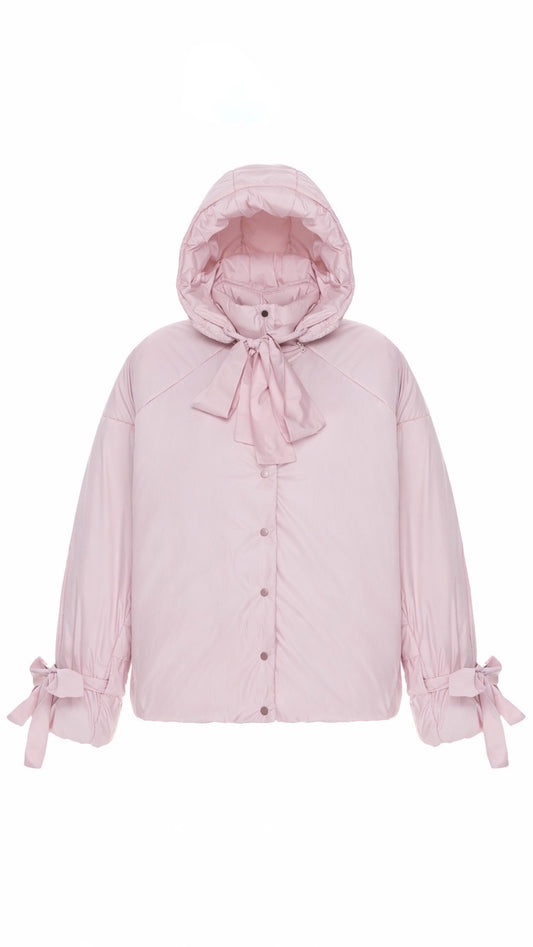 Down jacket in power with detachable powder and removable hood