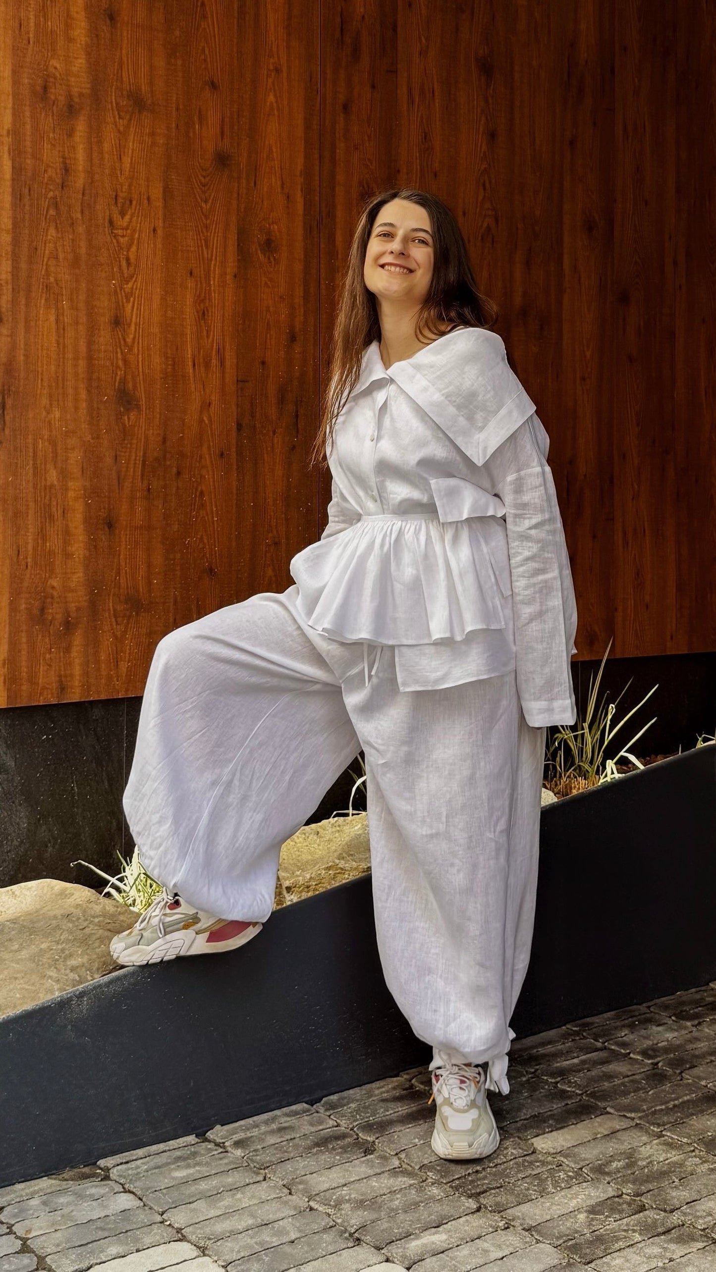 Asymmetrical shirt+ bloomers pants organic linen