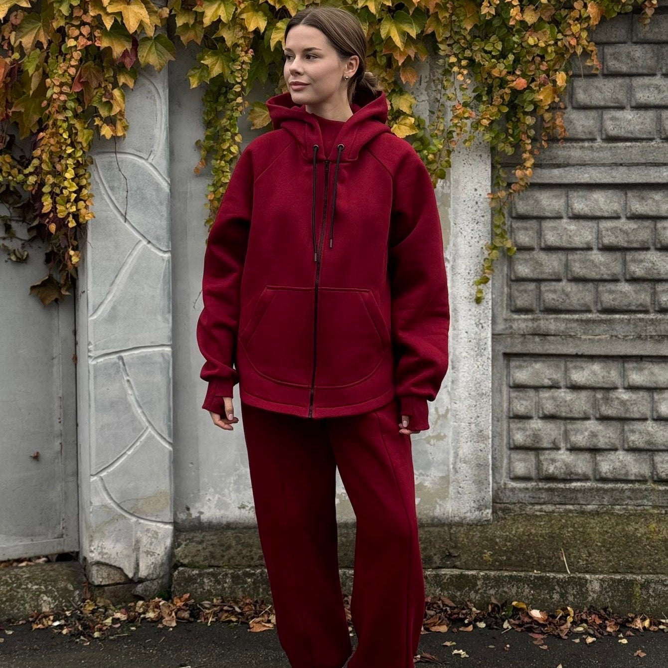 Zip fleece hoodie burgundy
