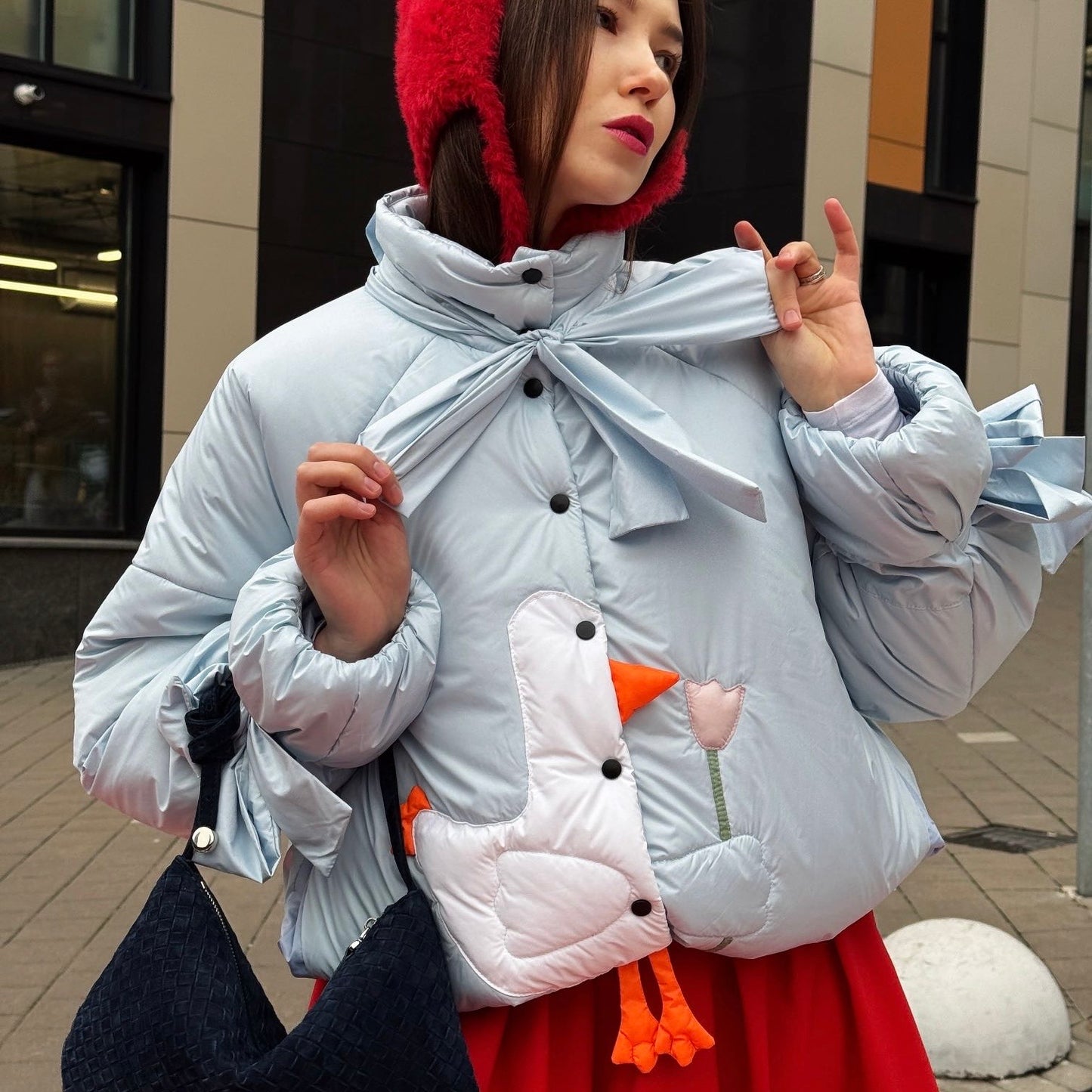 Down jacket  "Little duck" in blue with detachable bows and removable hood