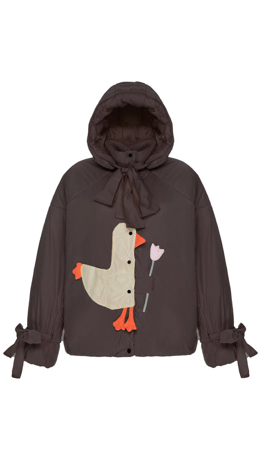 Down jacket  "Little duck" in chocolate with detachable bows and removable hood