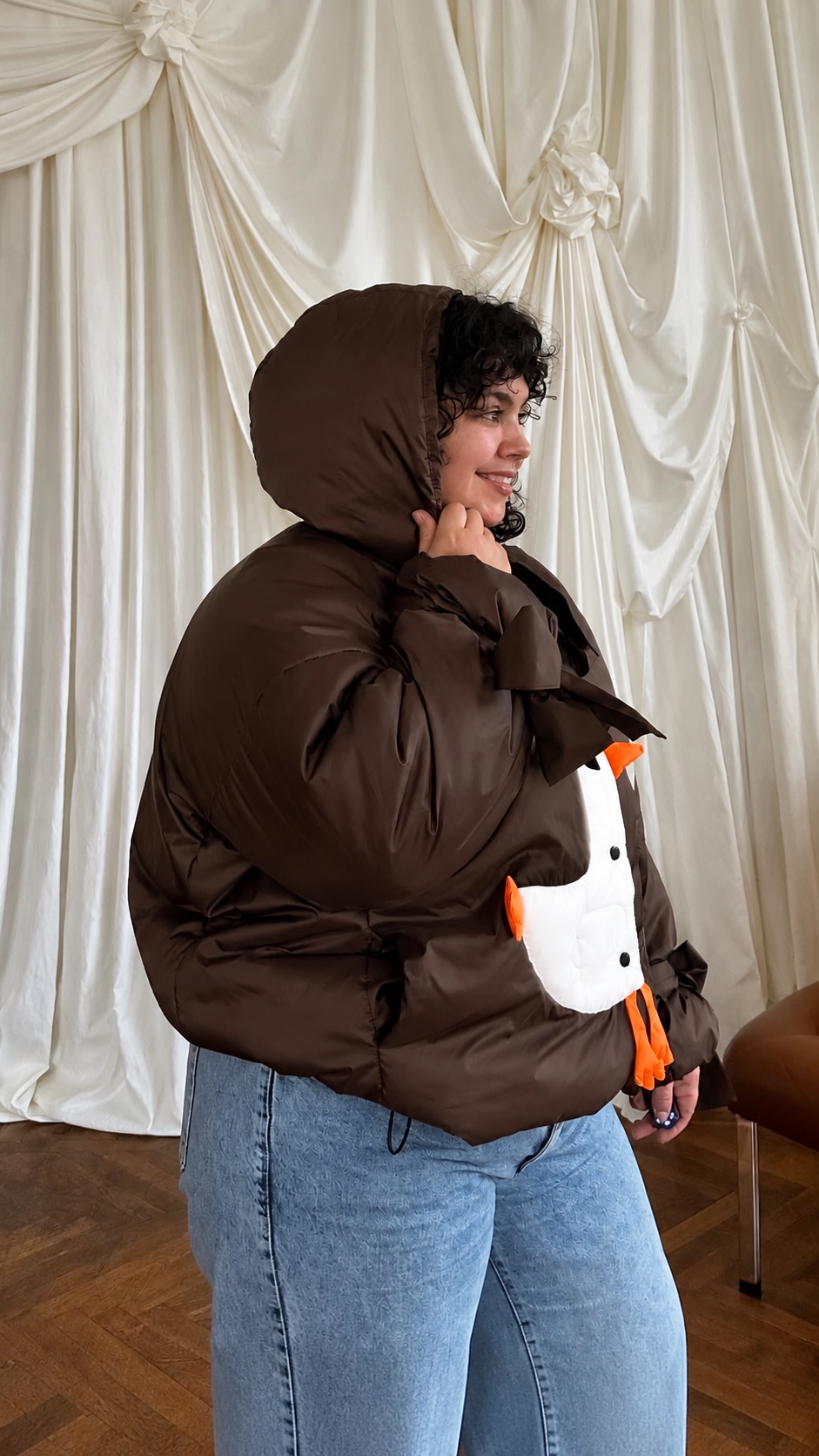 Down jacket  "Little duck" in chocolate with detachable bows and removable hood