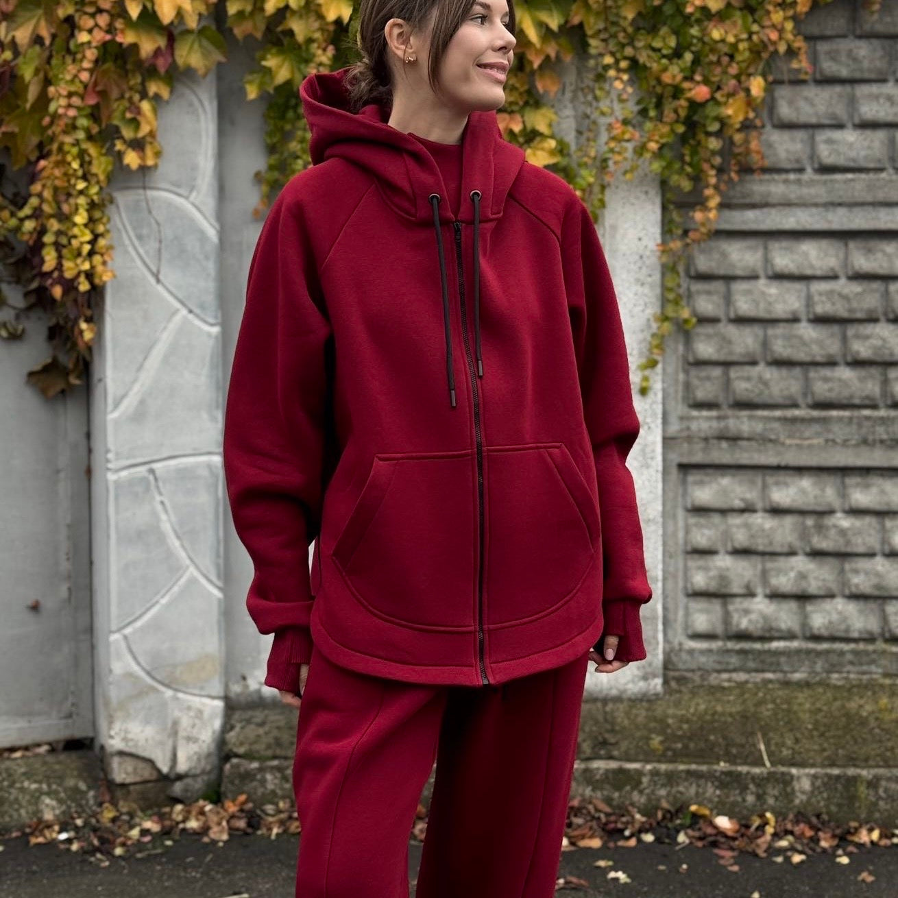 Zip fleece hoodie burgundy