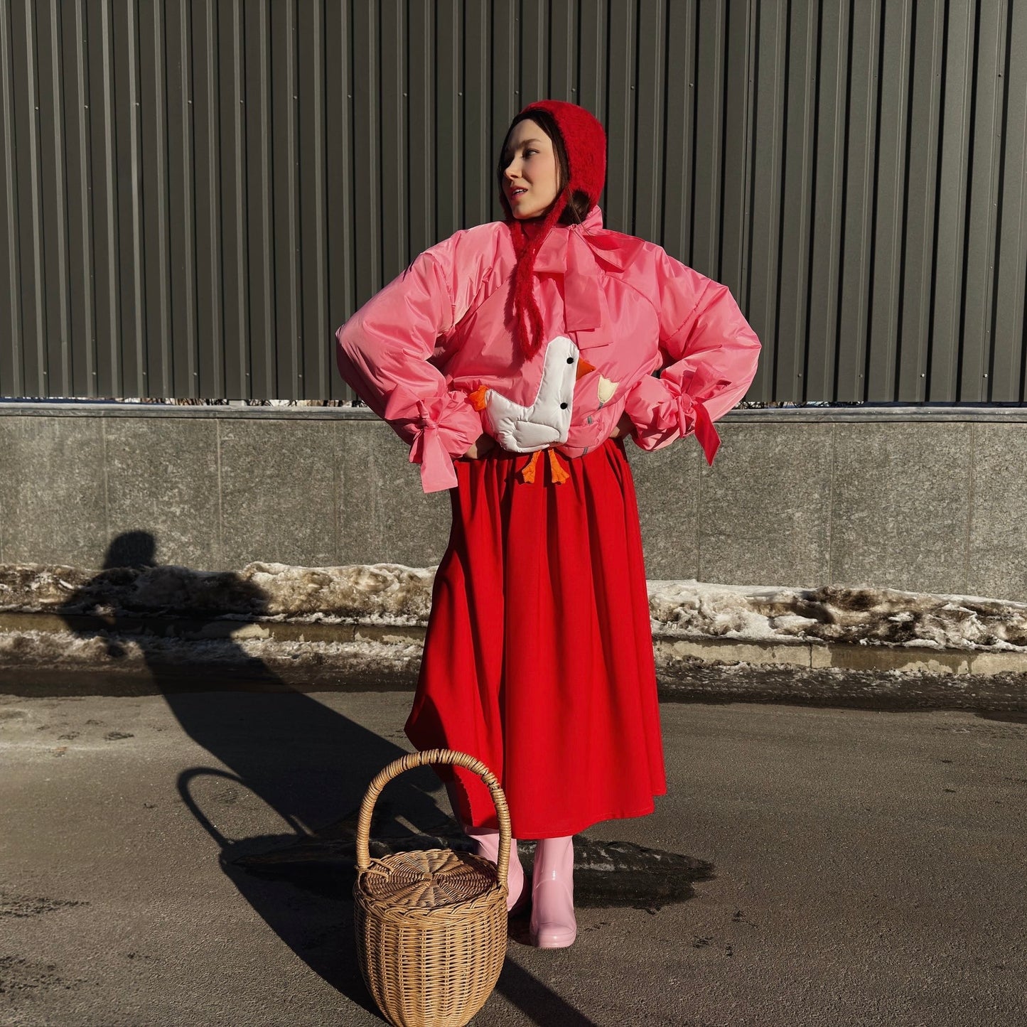 Down jacket  "Little duck" in pink with detachable bows and removable hood