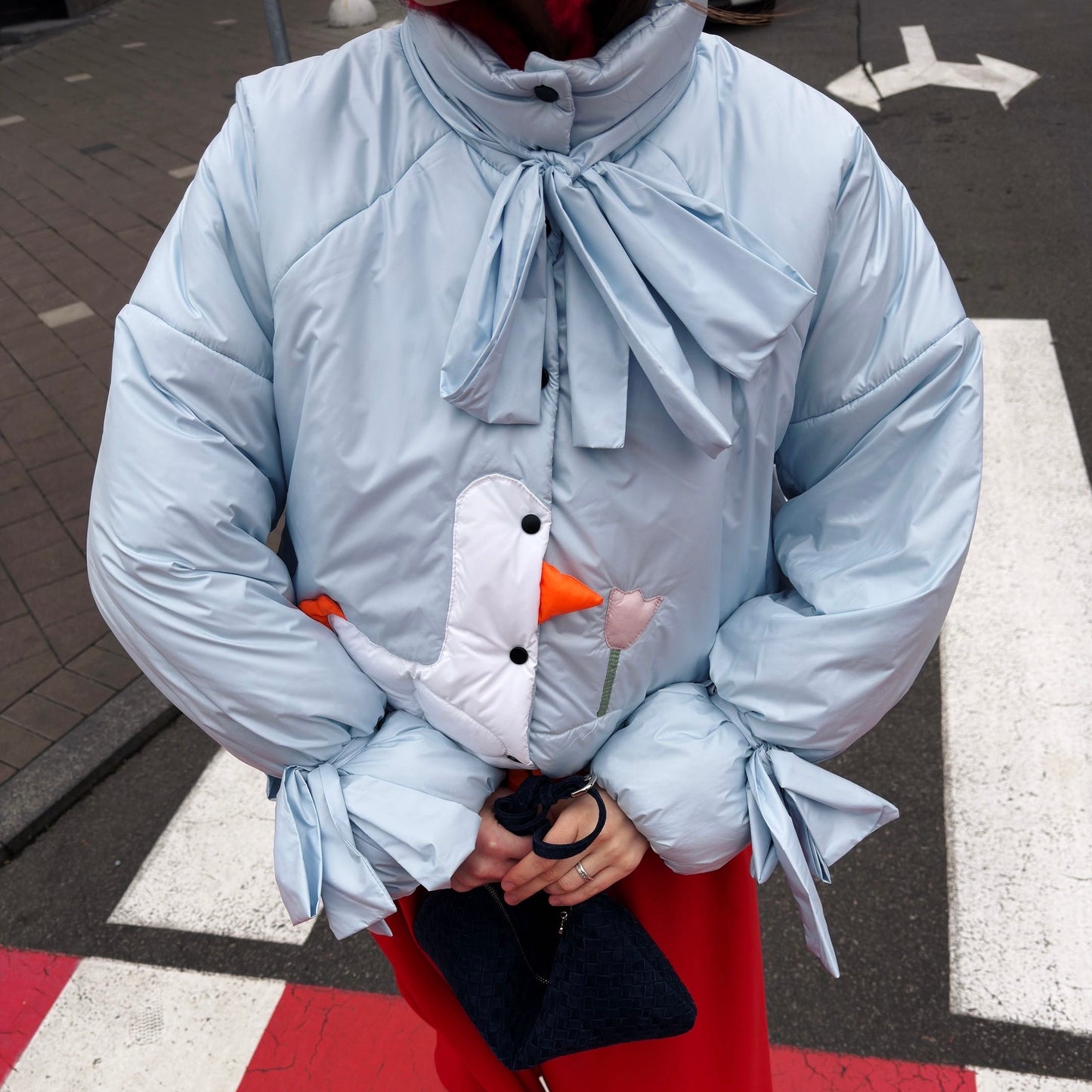 Down jacket  "Little duck" in blue with detachable bows and removable hood