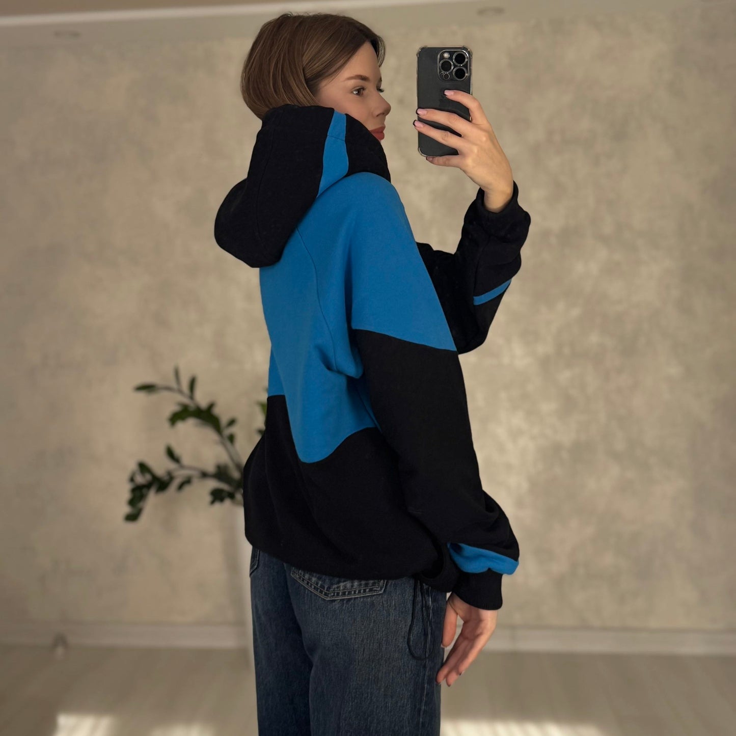 Patched upcycled Hoodie blue