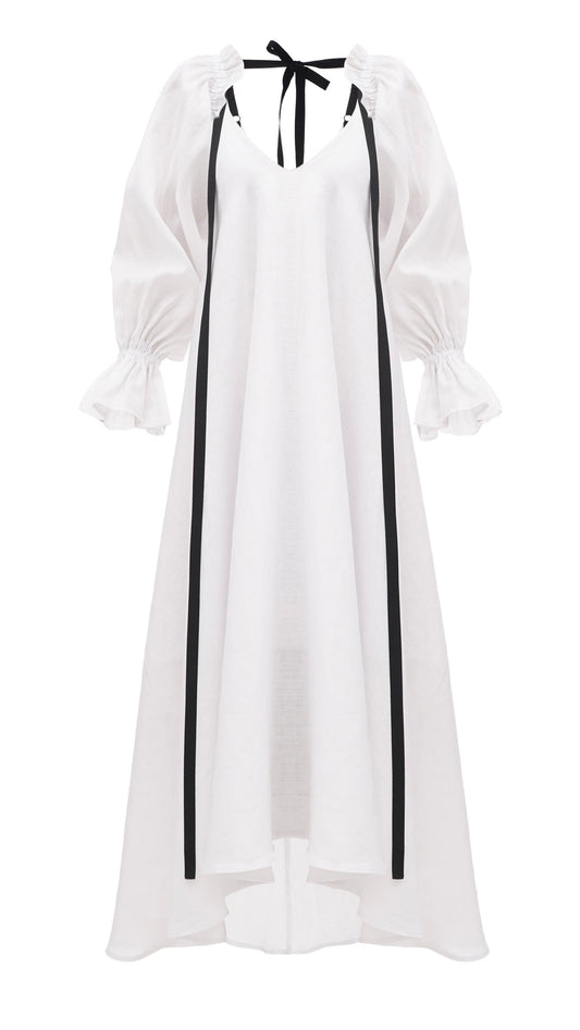 Dress with ribbons in organic linen height from 150cm+