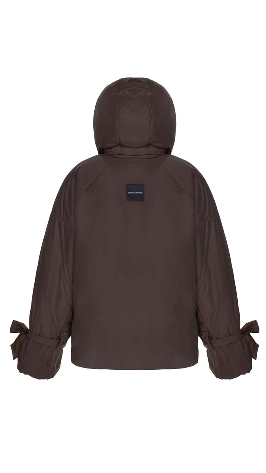 Down jacket in black with detachable chocolate and removable hood