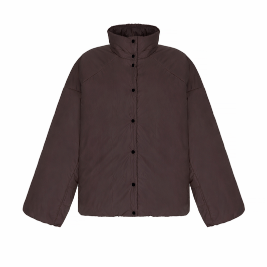 Down jacket in black with detachable chocolate and removable hood