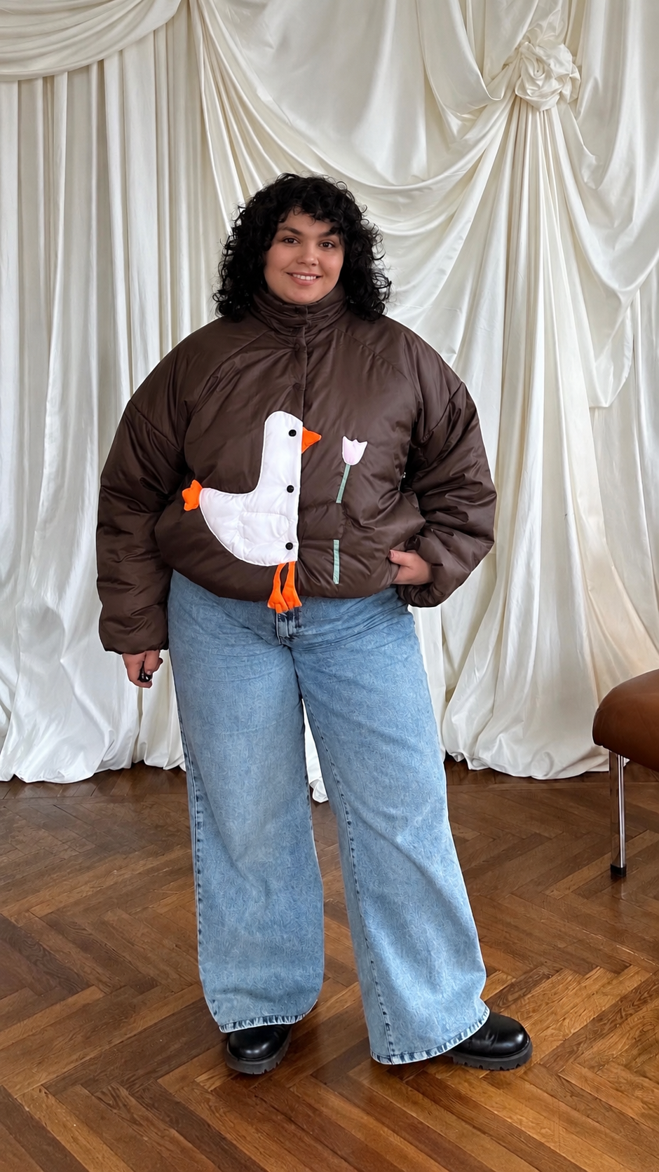 Down jacket  "Little duck" in chocolate with detachable bows and removable hood