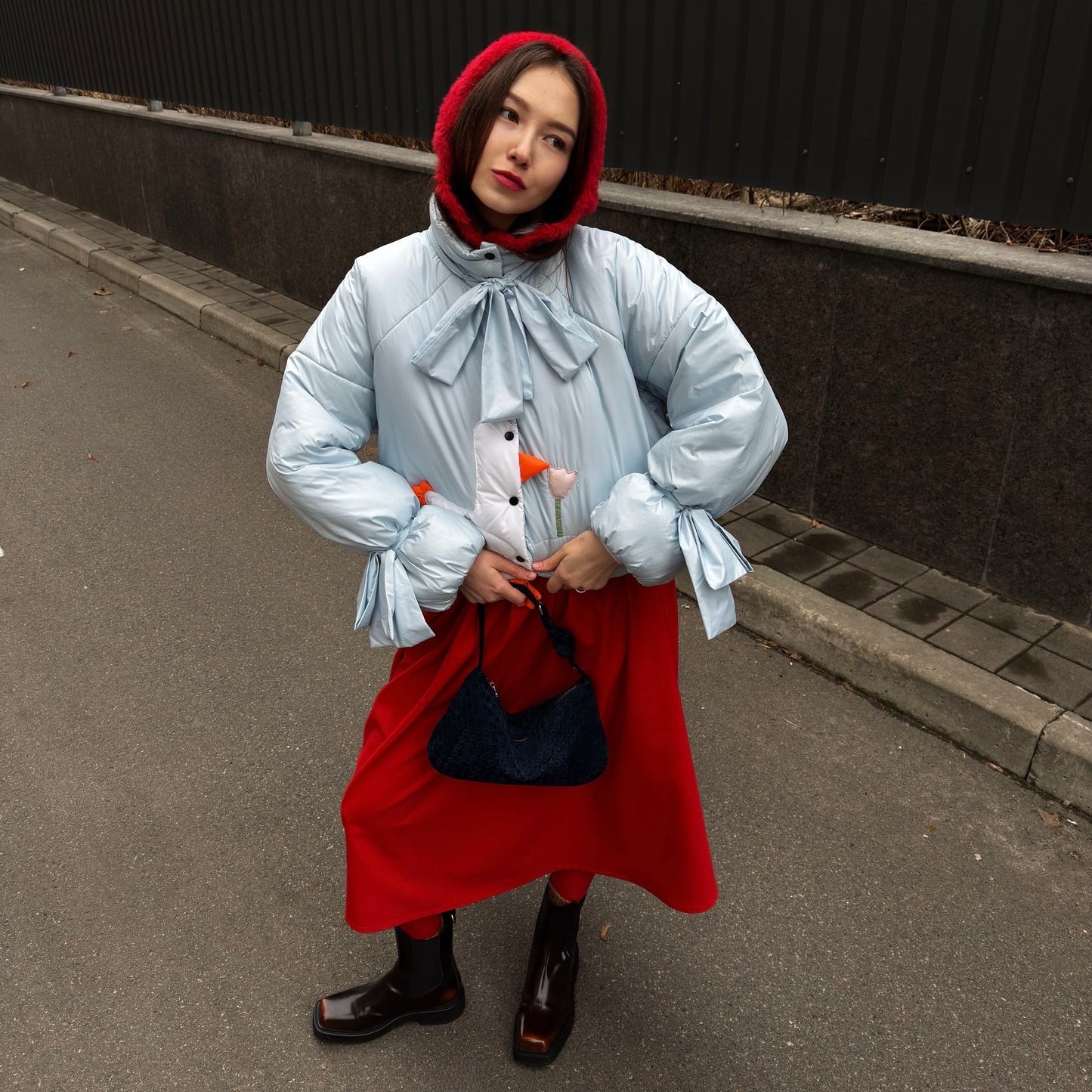 Down jacket  "Little duck" in blue with detachable bows and removable hood