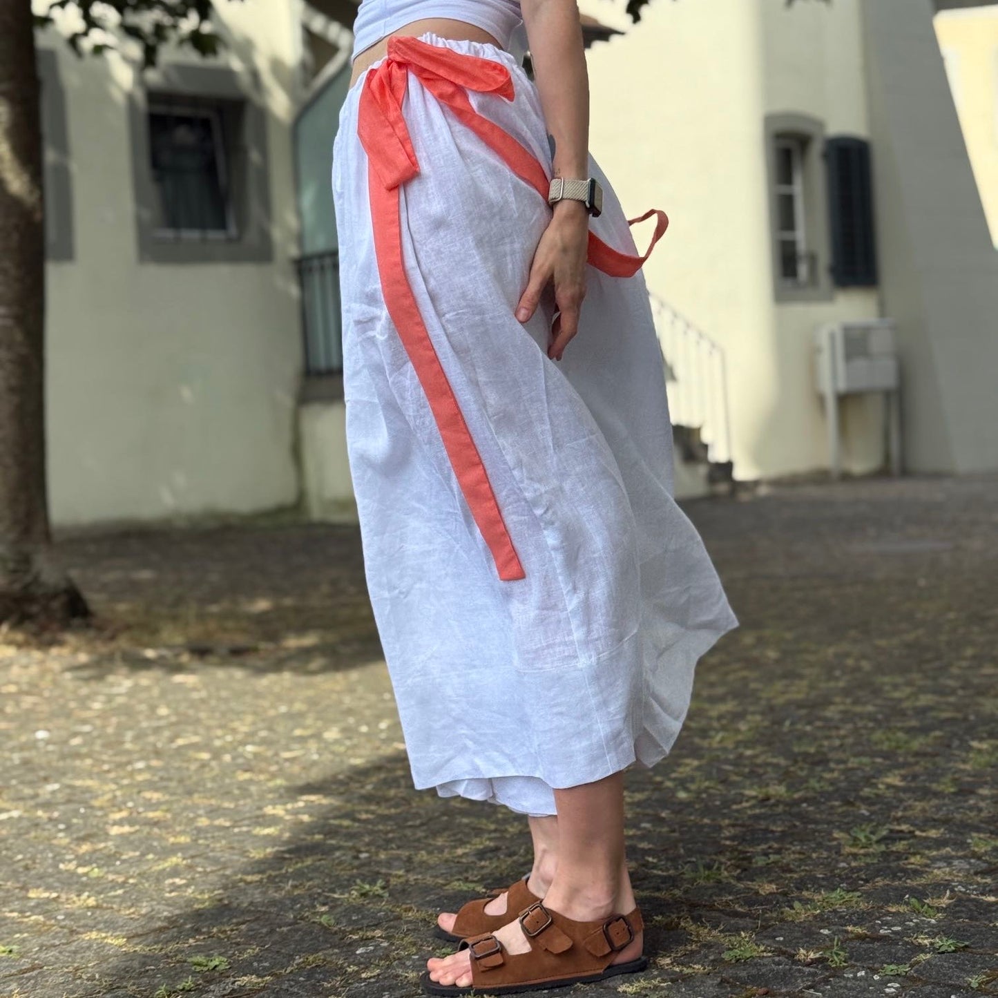 One-size organic linen skirt with ribbons