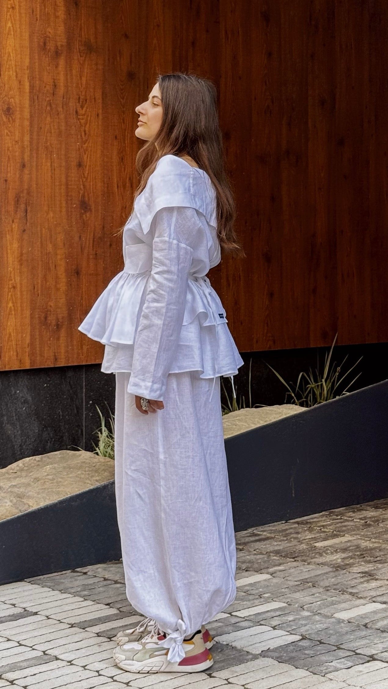 Asymmetrical shirt+ bloomers pants organic linen