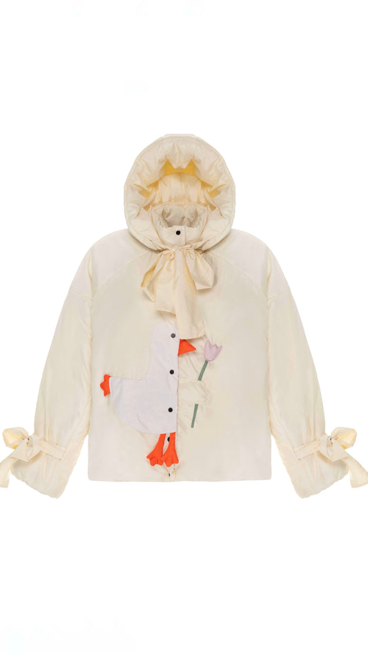 Down jacket  "Little duck" in yellow butter with detachable bows and removable hood