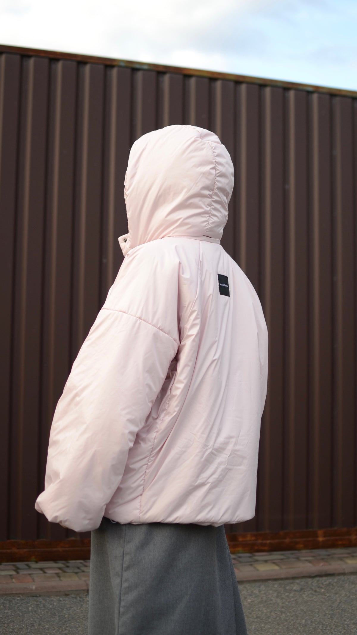 Down jacket in power with detachable powder and removable hood