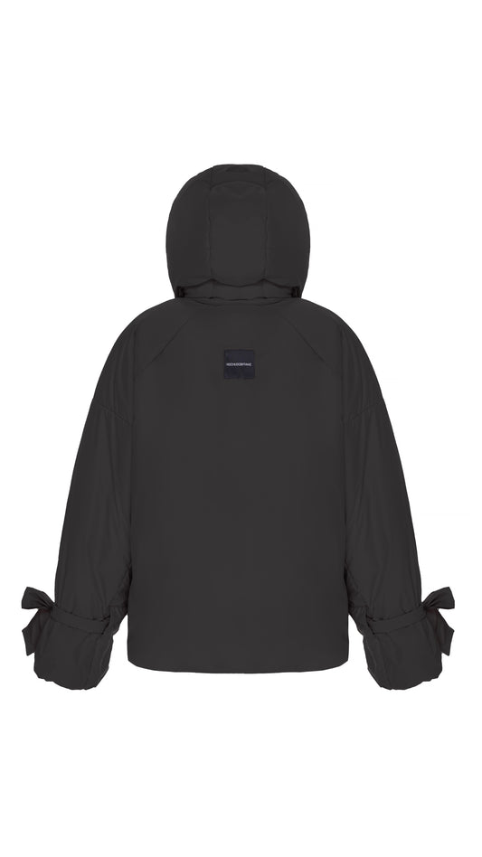 Down jacket  "Little duck" in black with detachable bows and removable hood