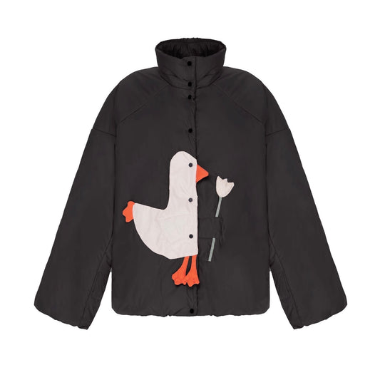 Down jacket  "Little duck" in black with detachable bows and removable hood