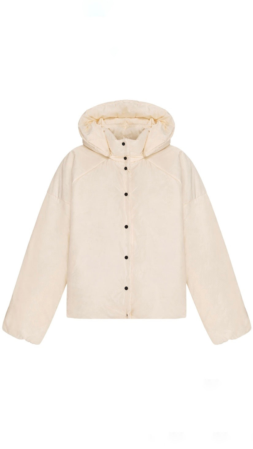 Down jacket in yellow butter with detachable powder and removable hood