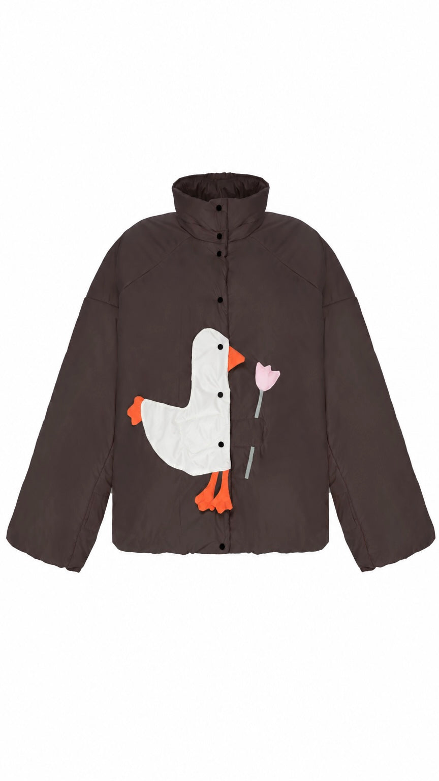 Down jacket  "Little duck" in chocolate with detachable bows and removable hood