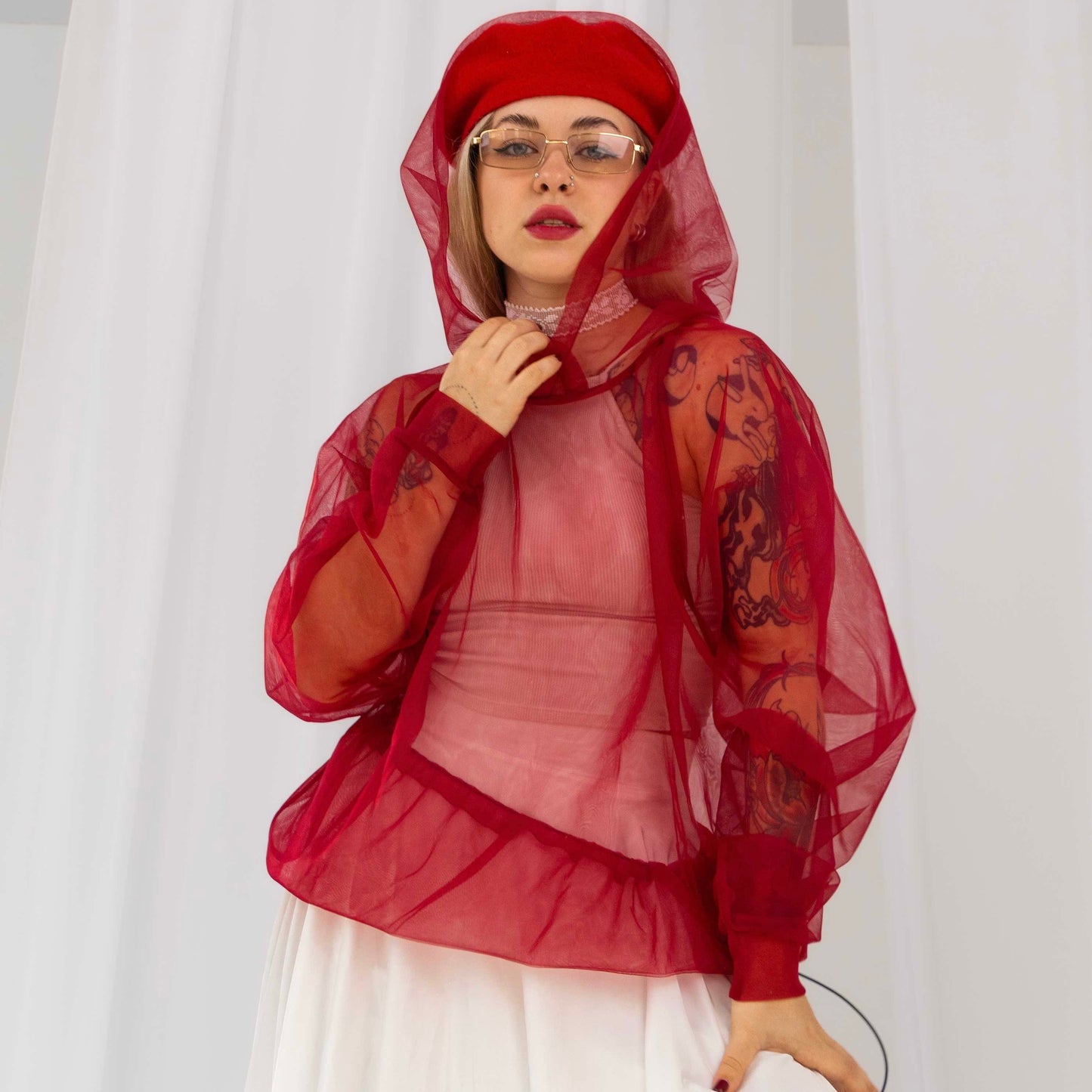 Transparent marsala hoodie with an elastic band