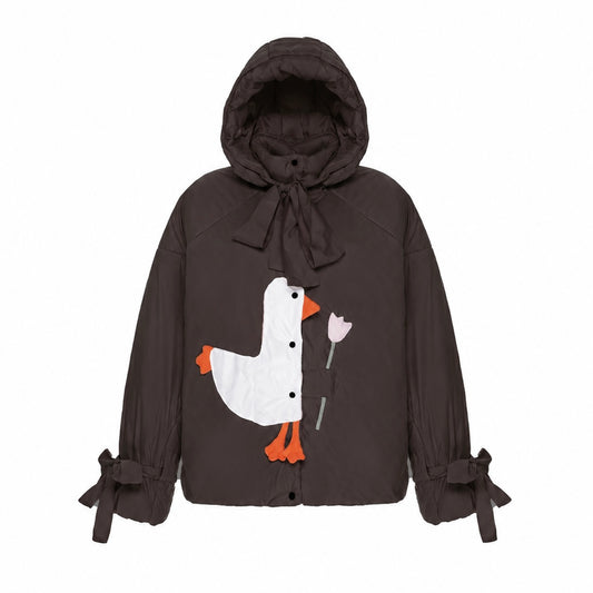 Down jacket  "Little duck" in chocolate with detachable bows and removable hood