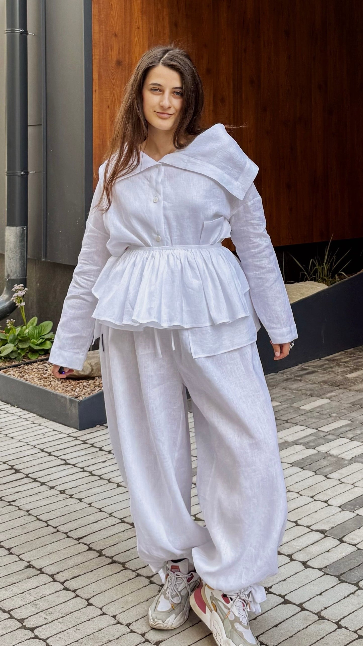 Asymmetrical shirt+ bloomers pants organic linen