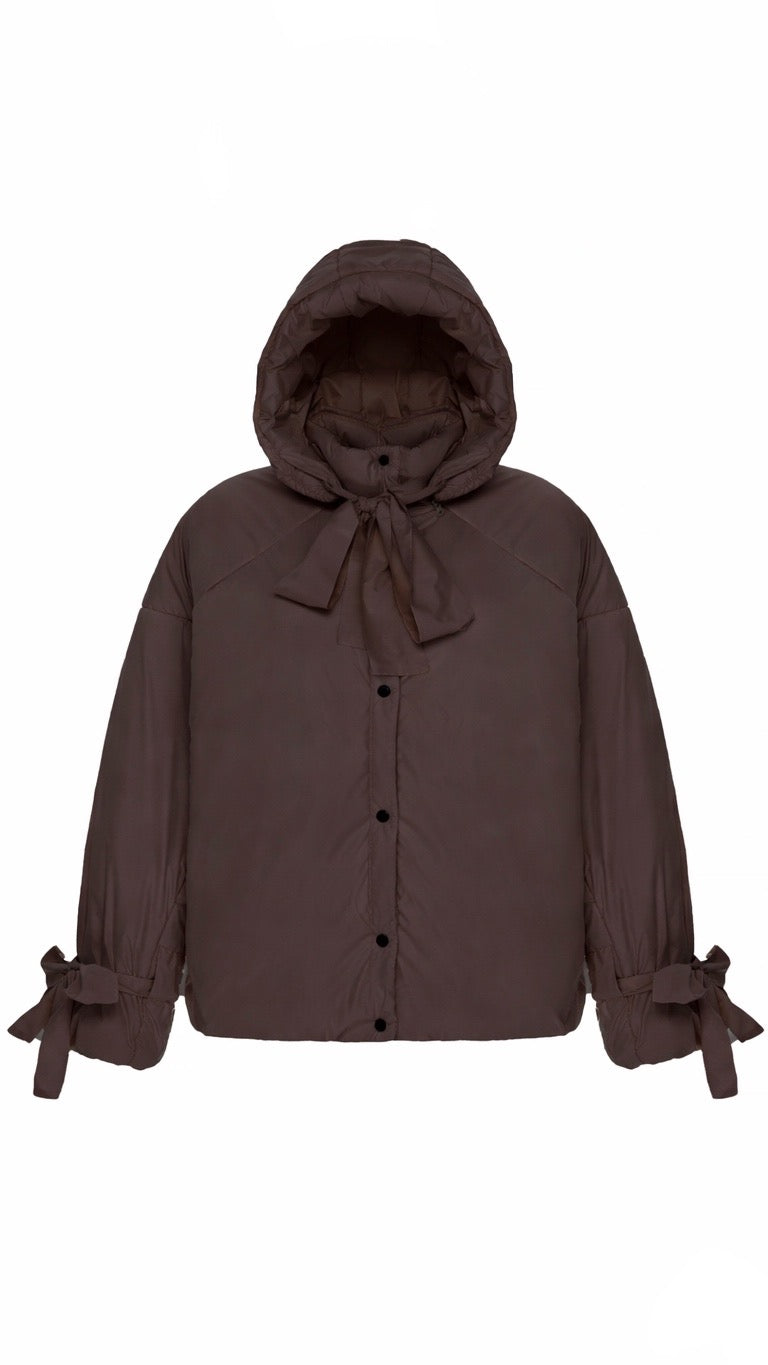 Down jacket in black with detachable chocolate and removable hood