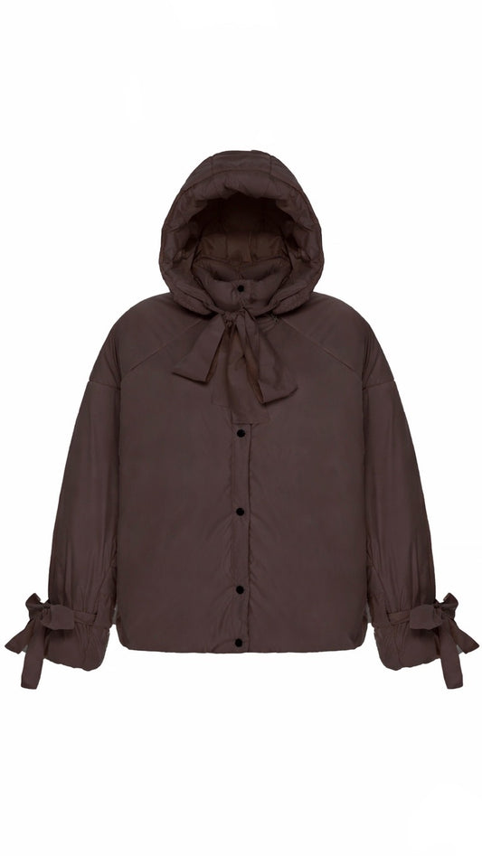 Down jacket in black with detachable chocolate and removable hood