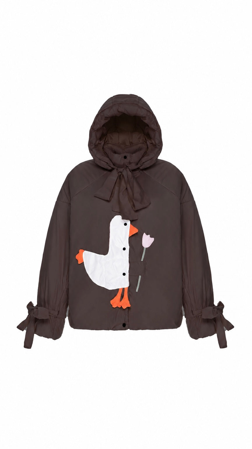 Down jacket  "Little duck" in chocolate with detachable bows and removable hood