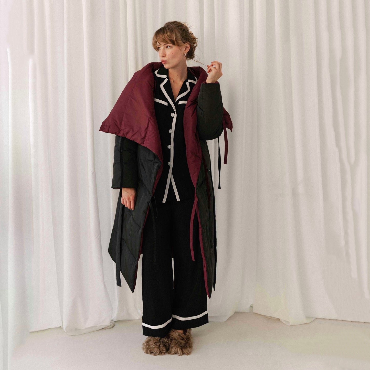 Double sided quilt blanket-coat Marsala/Black