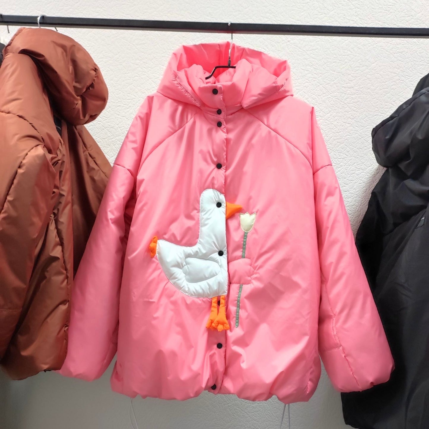 Down jacket  "Little duck" in pink with detachable bows and removable hood
