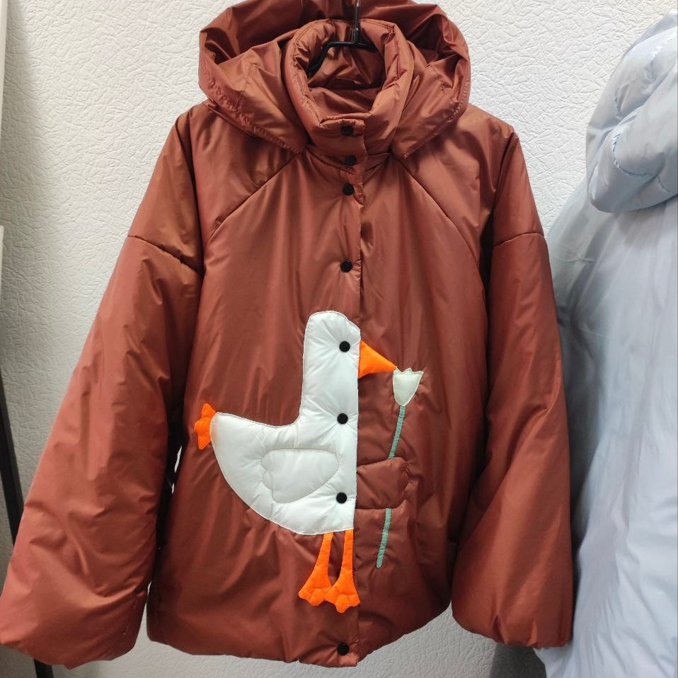 Down jacket  "Little duck" in terracotta with detachable bows and removable hood