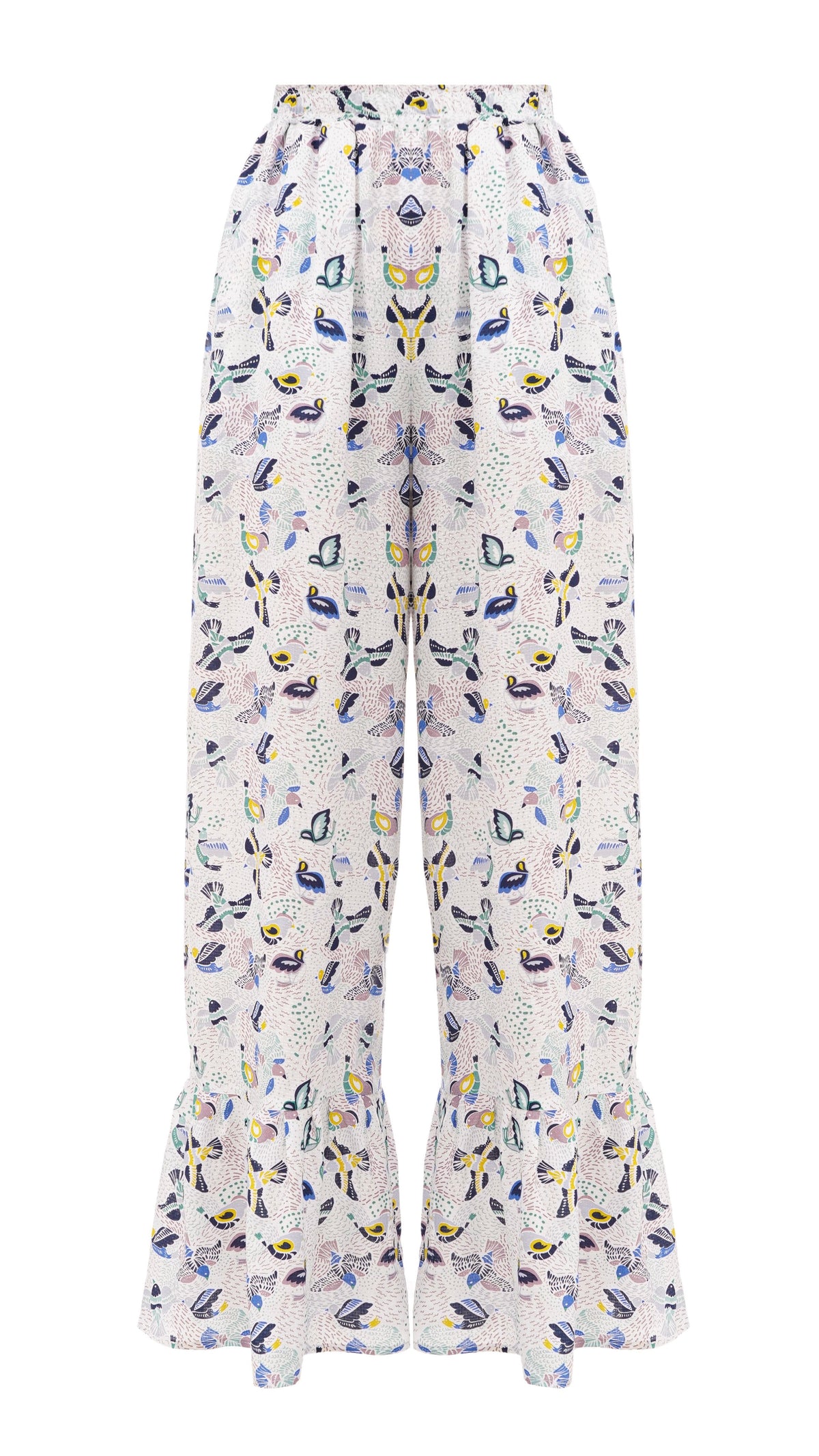 Pants with flounces a bird print