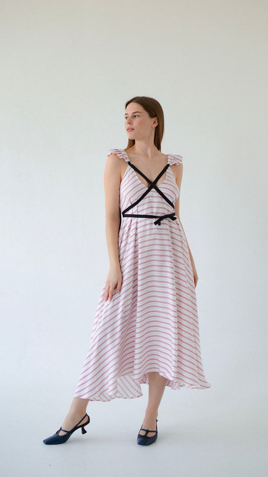 Striped dress with ribbons height from 155cm+