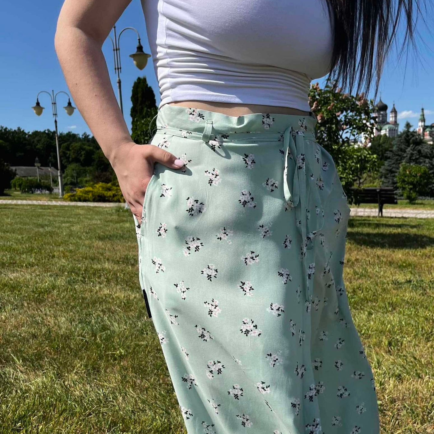Mint asymmetrical skirt with floral print