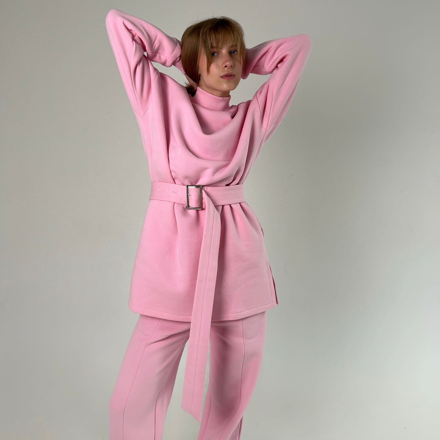 Pink fleece sweatshirt dress with pants