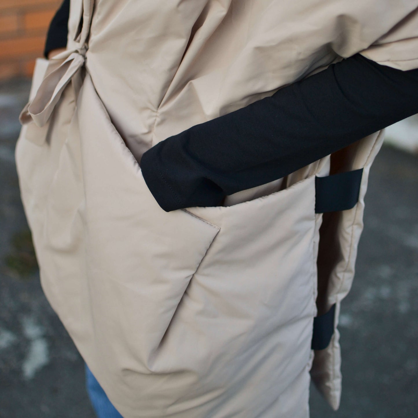Beige Down vest with detachable hood