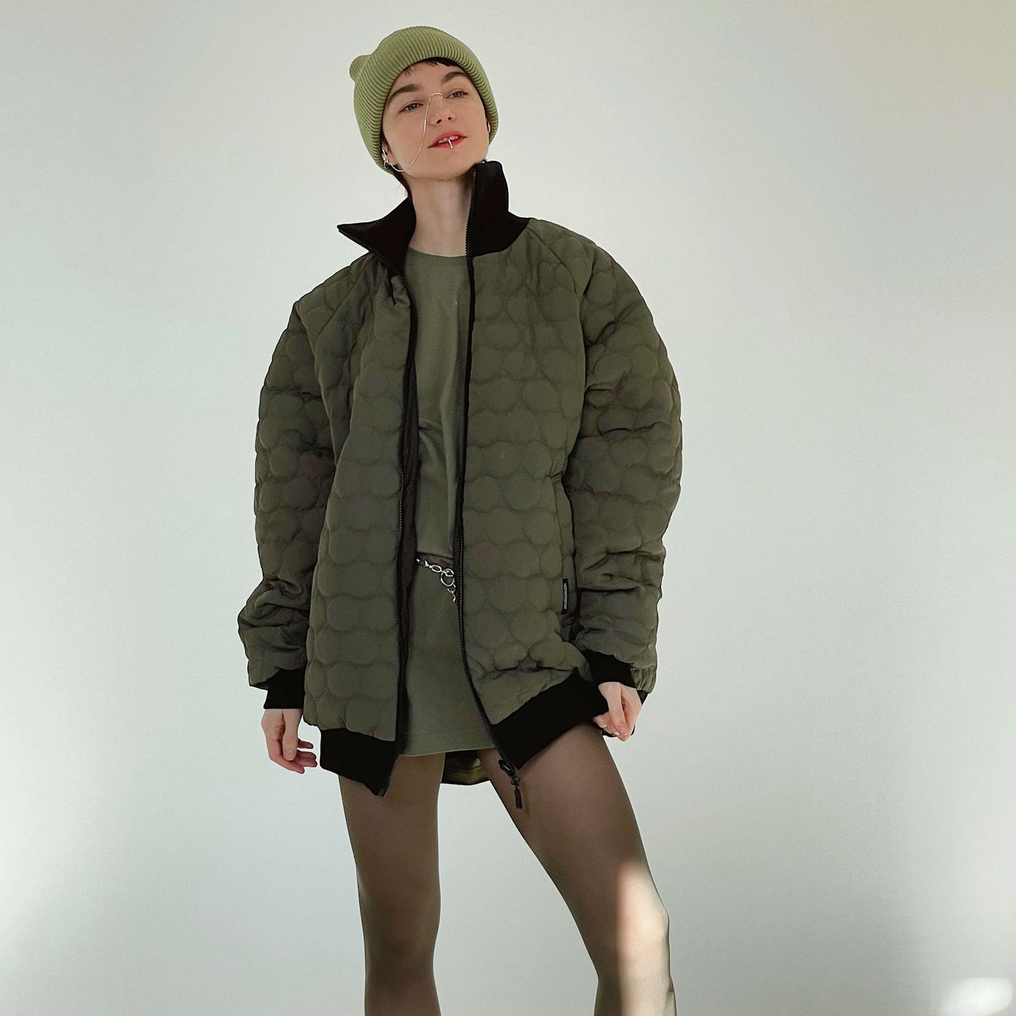 Demi-season doublesided quilted bomber jacket in black/khaki color