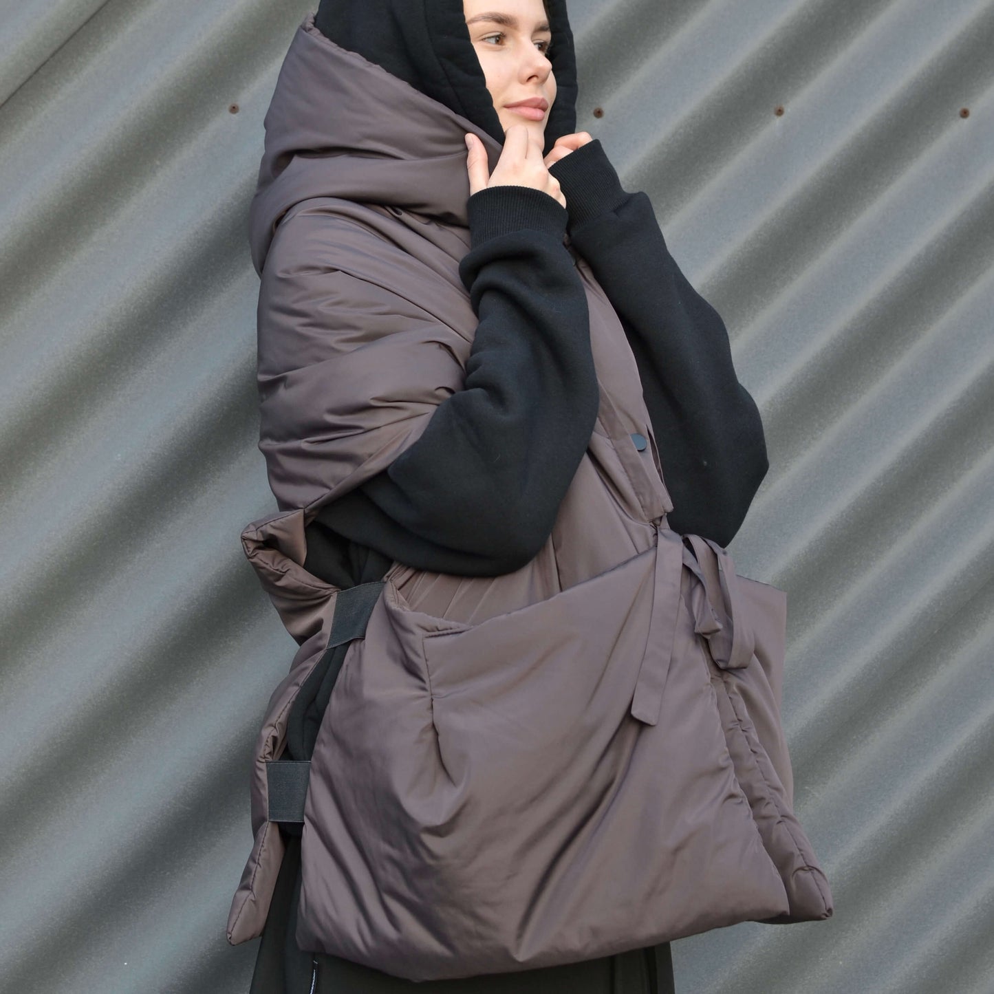 Chocolate Down vest with detachable hood